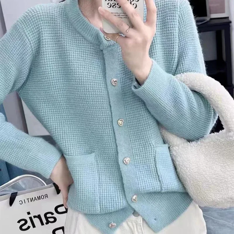 Temperament O-Neck Short Waffle Sweater Autumn/Winter French Elegant Long Sleeve Knitted Cardigan Women's Solid Versatile Coat