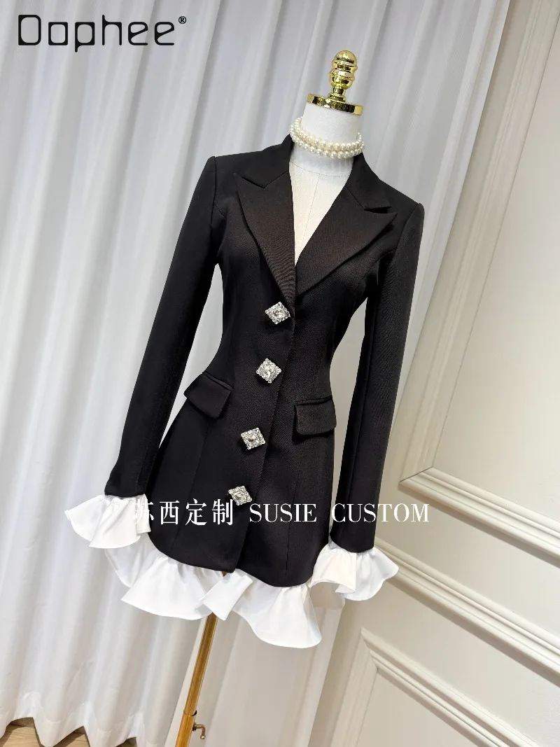 French Hepburn Style Socialite Suit Dress Fashion Detachable Ruffled High End Rhinestone Buttons Slim Patchwork Long Coats