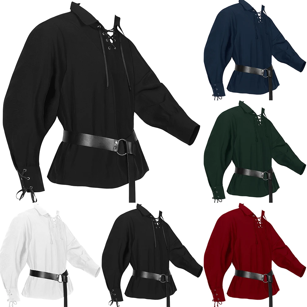 Men Medieval Renaissance Pirate Shirt Long Sleeve T-Shirt Cosplay Costumes Male V-neck Loose  T-Shirt Cosplay Blouse Top