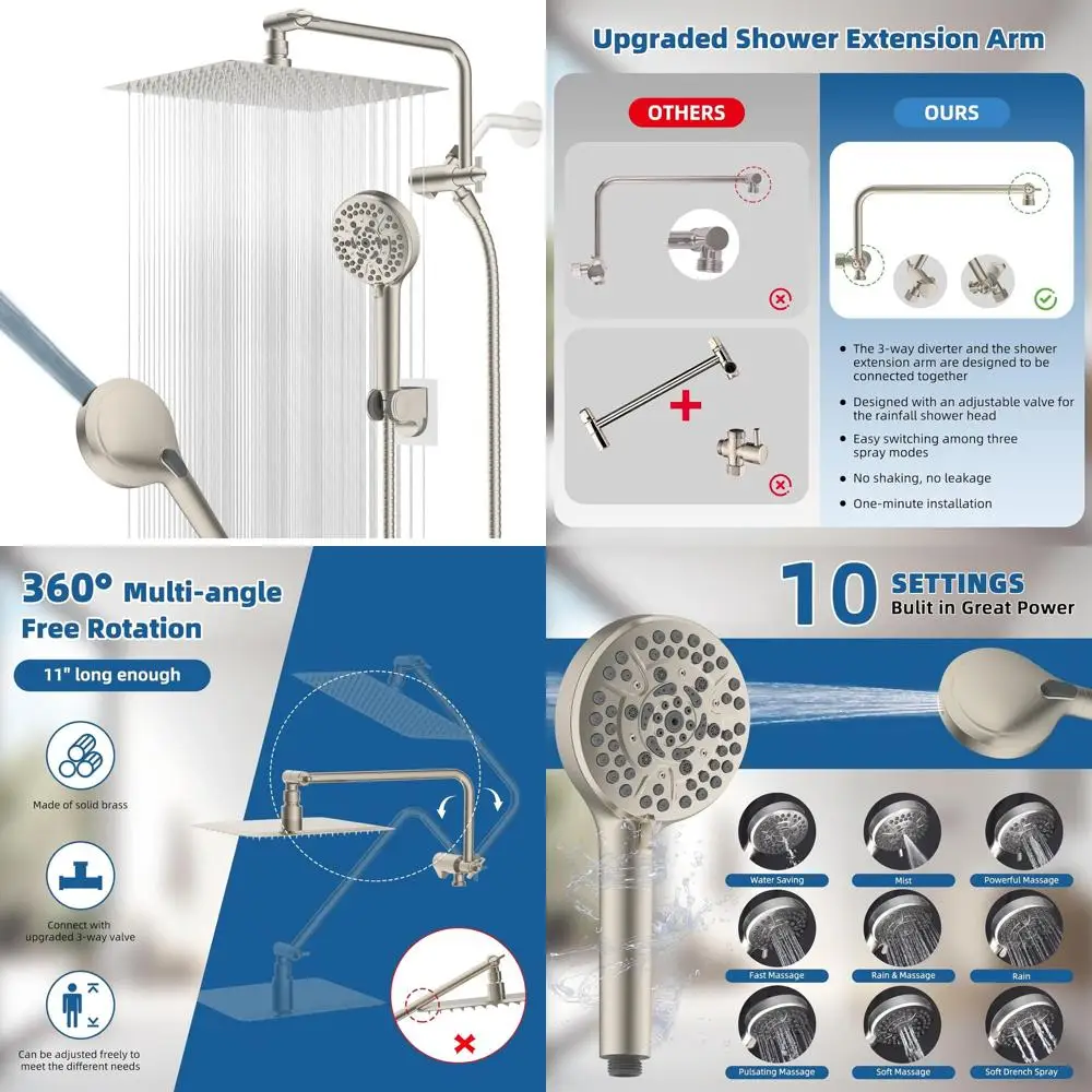 

10-Spray High-Pressure Shower Head Combo with 11 Extension Arm, 71 Hose, Brushed Nickel Finish