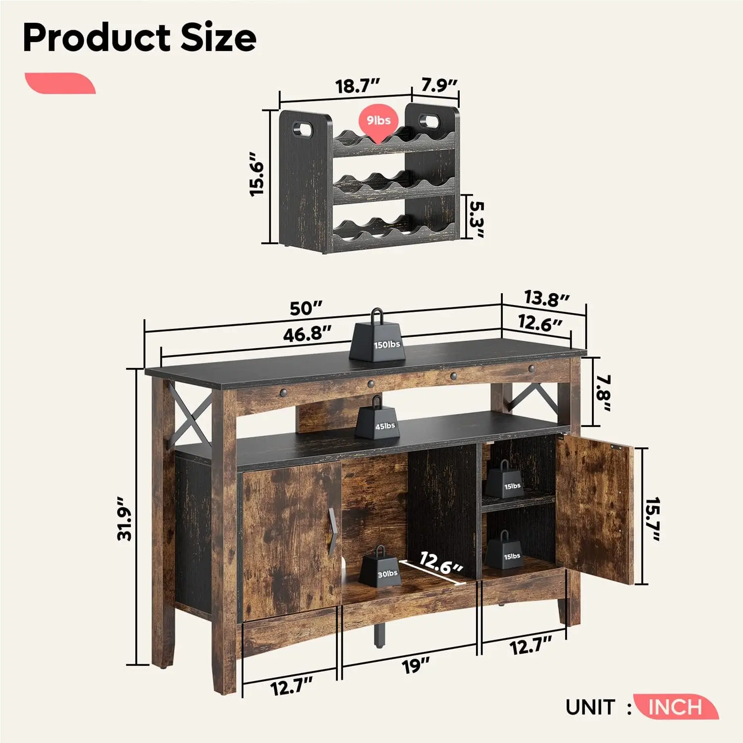 Aparador Industrial para Buffet, mueble con estante desmontable para vino y luces LED, consola rústica de almacenamiento de madera marrón, cafetería, entrada para Bar