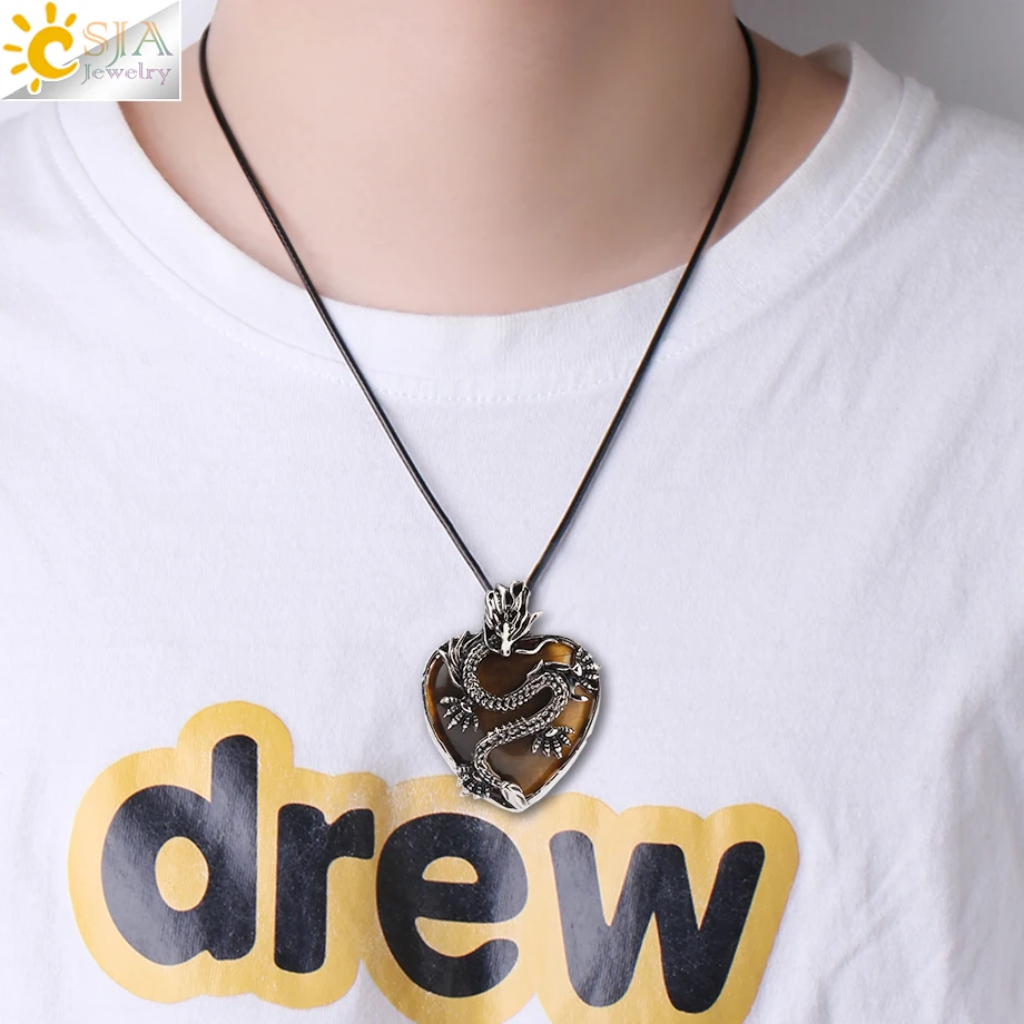 CSJA Double Dragon Necklace Natural Stone Heart Crystal Pendant Amulet Neckalces for Man Women Halloween Jewelry Gift H238