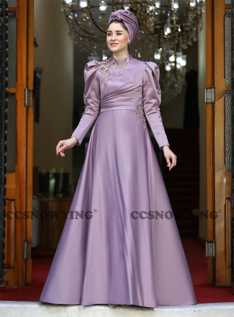 Vestido De noche musulmán con apliques De satén De manga larga para mujer, islámico Hijab, vestido Formal De fiesta para mujer, vestido árabe De Dubái