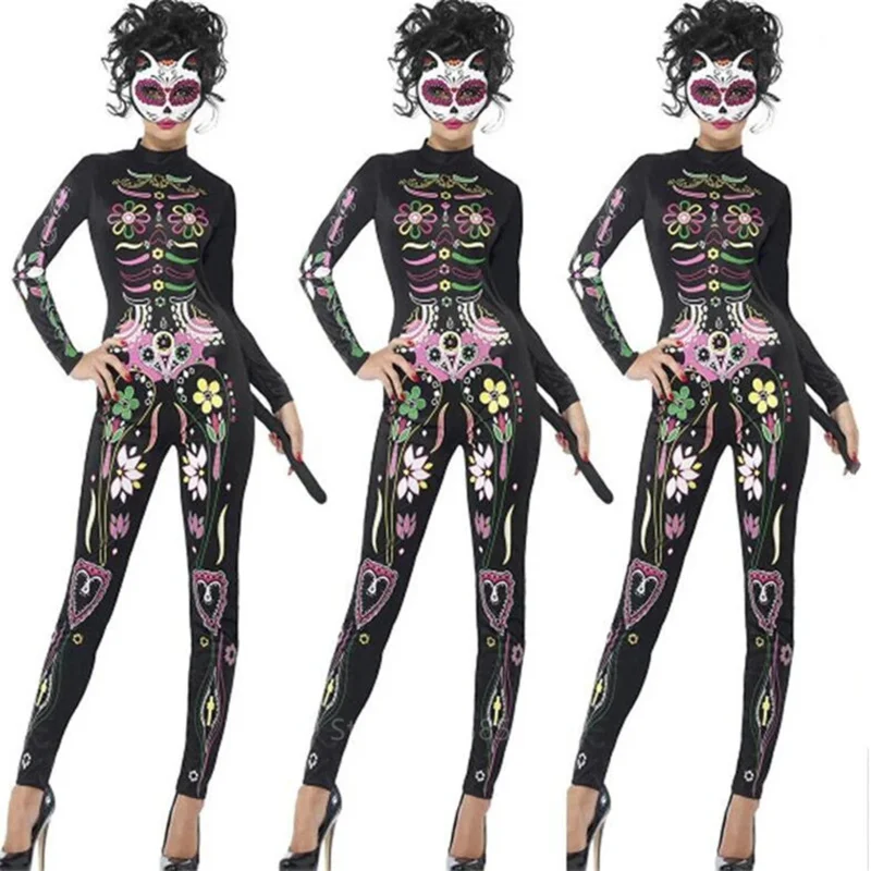 2025 New Skeleton Costume Women Dress Disguise Witch Day of The Dead Jumpsuit Horror Bride Cosplay Carnival Party Vampire Fa abc