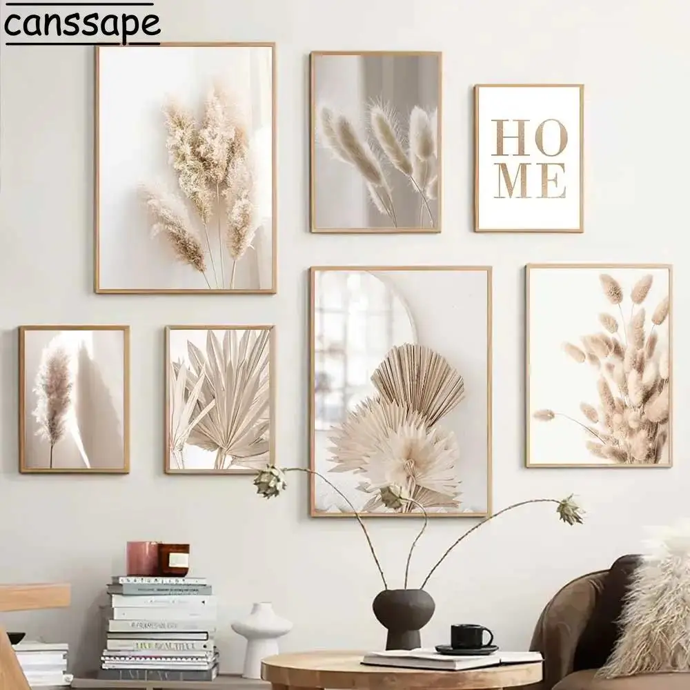 Nordic Style Beige Scenery Canvas Print  Pampas Grass  Palm Poster  Reed Art Wall Decor for Living Room