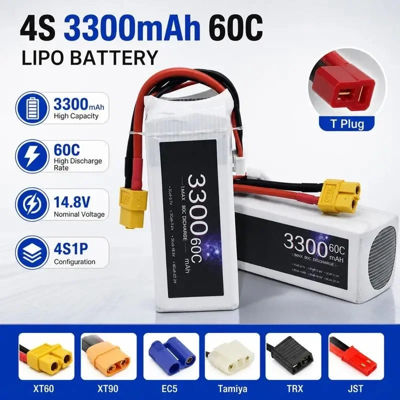 For 4S 14.8V 3300mAh 60C High Rate Rechargeable Lithium Battery For Remote Control Drone Helicopter Model Aircraft Vehicle
