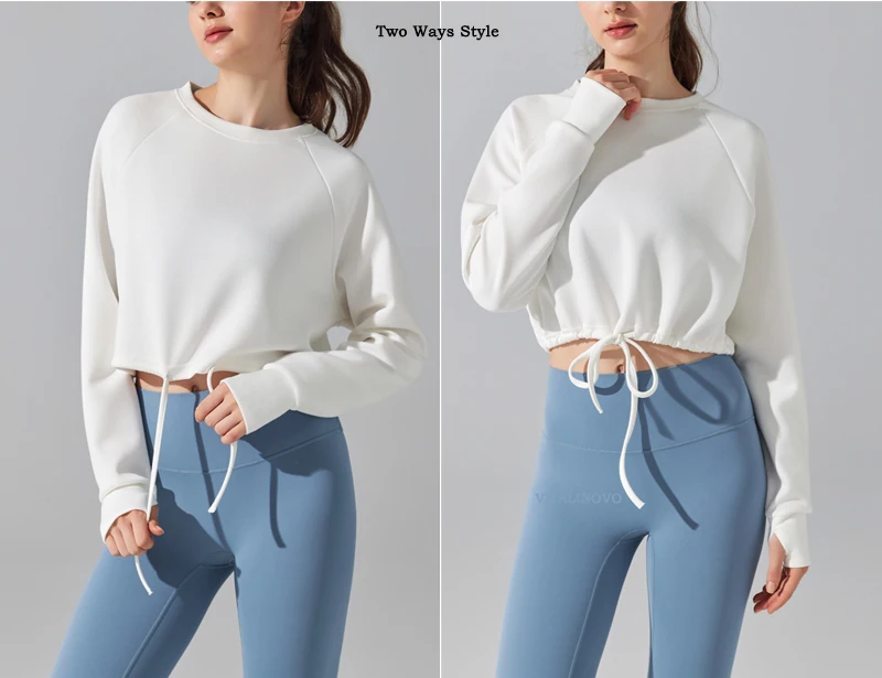 VITALINOVO Weiches, kurzes Sweatshirt mit Rundhalsausschnitt für Damen, langärmelig, Workout-Pullover, Pullover, Daumenlöcher, entspannte, leichte Oberteile – Detail 4