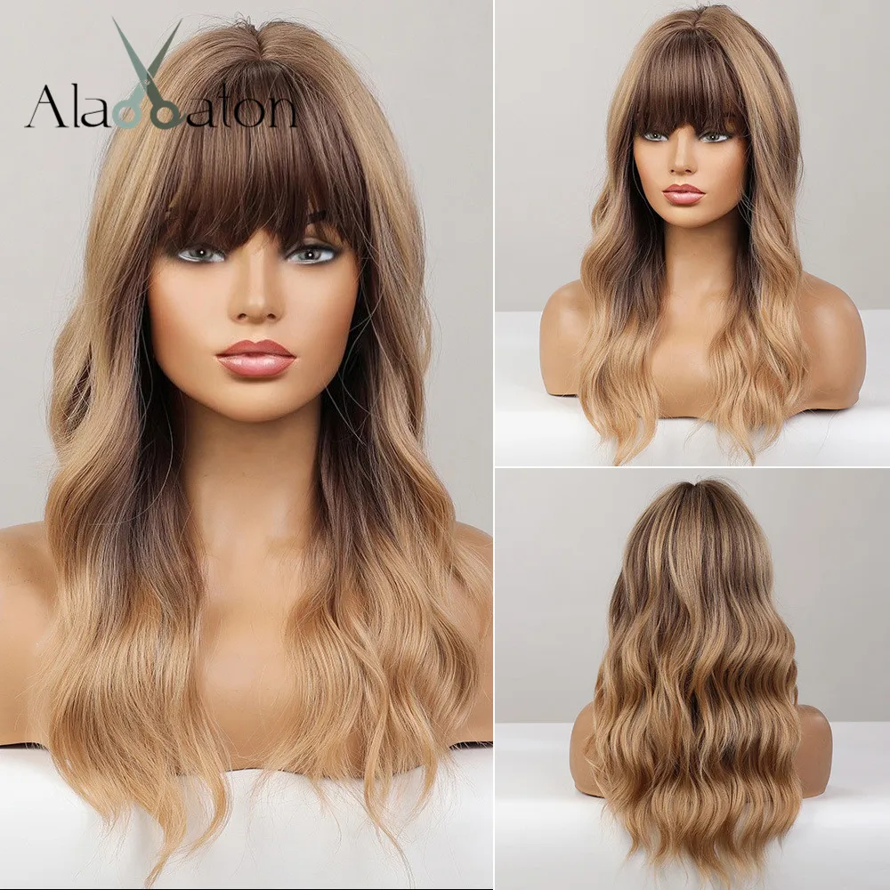 ALAN EATON Blonde Brown Highlight Synthetic Wigs for Women Medium Length Wavy Wig Natural Ombre Wig with Bangs Heat Resistant