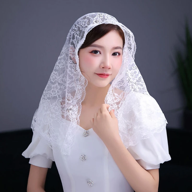 652F Lace Shawl Mantilla Veil Lightweight Tassel Scarf Floral Shawls and Wraps for Women Latin Mass Veil for Bride 2 Colors