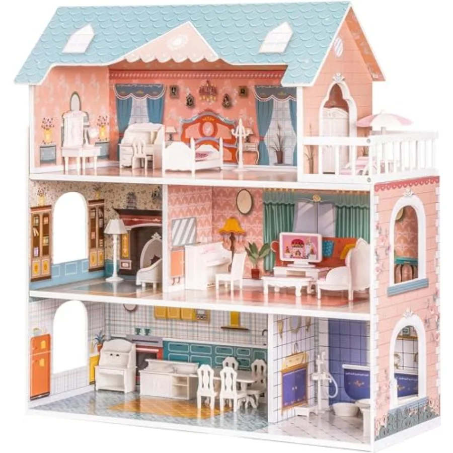 

Wooden dollhouse for kids, natural wood finish, light brown, eco-friendly solid wood construction with included furniture set