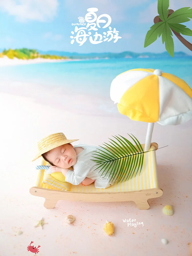 Newborn Photography Props Summer Beach Themed Baby Boy Photo Outfit Mini Beach Lounge Chair Infant Studio Photoshoot Accessories