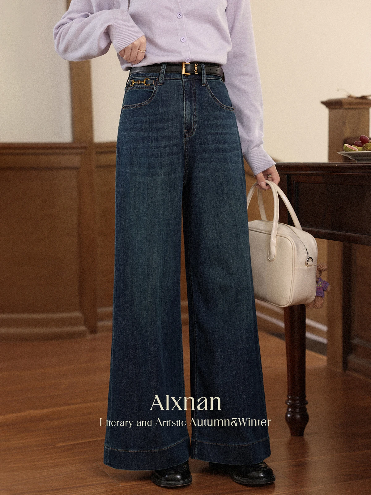 

ALXNAN Women's Jeans Blue Vintage Wide-leg Straight Cotton Baggy Jeans 2025 Autumn New High-waist Office Lady Denim Pants L56787