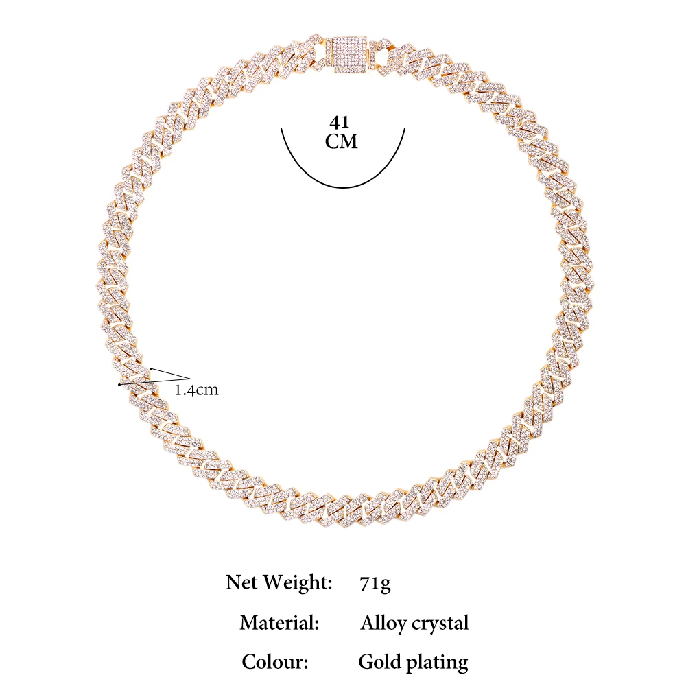 14MM Silver Color Prong Miami Cuban Link Chain Necklace For Women Hip Hop Iced Out Square Cuban Link Choker Wedding Jewelry Gift