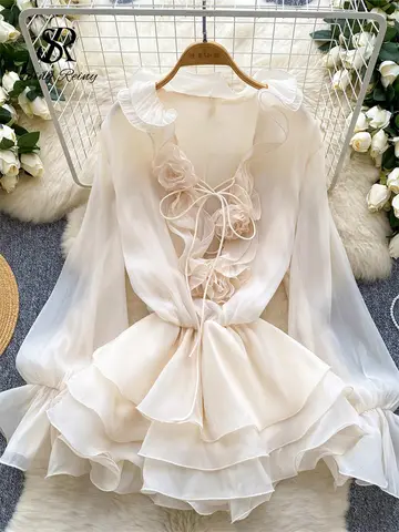 SINGREINY 3D Floral Beach Short Dress Female Long Sleeves Lace Up Ruffle Chiffon Cake Sundress Sheer Sexy Vintage Bohemian Dress