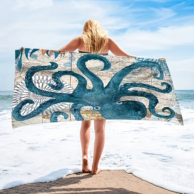 Octopus print beach towel, quick-drying, absorbent and soft bath towel, suitable for outdoor travel, camping and summer vacation