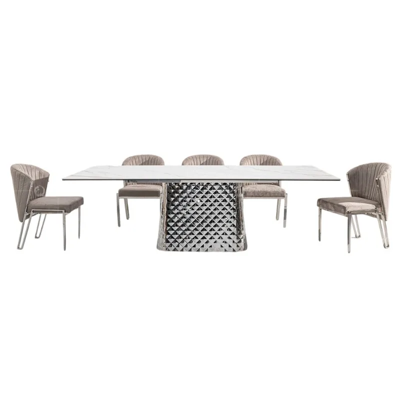 

rock slab dining table household dining table rectangular composite glass stainless dining table and chairs modern simplicity