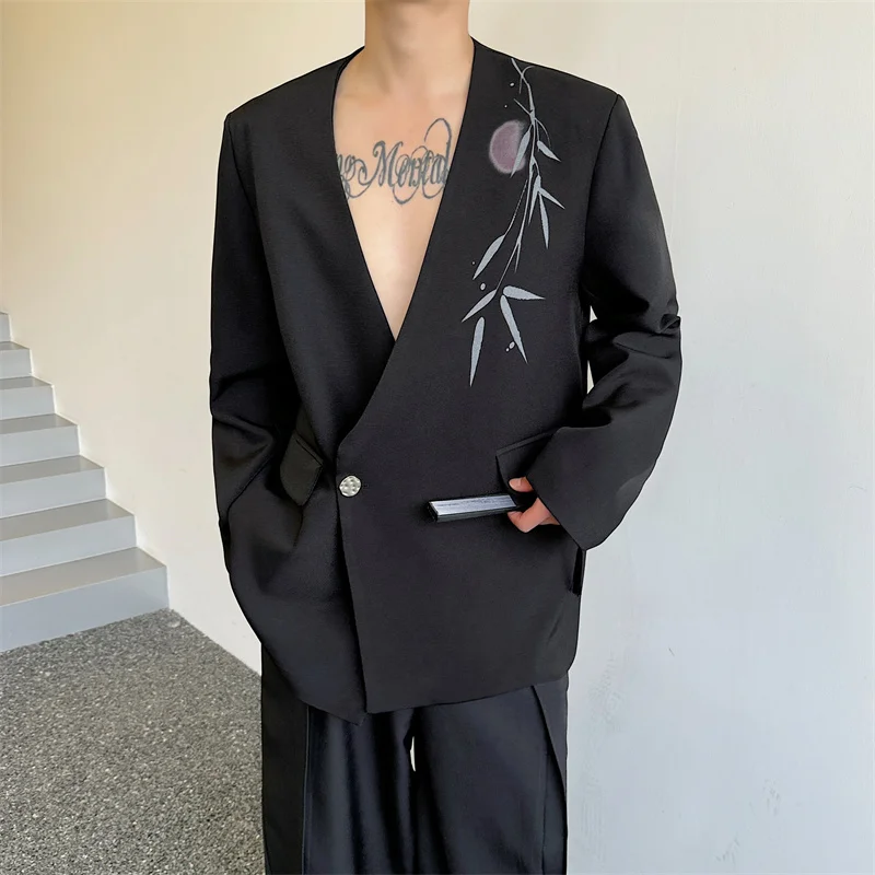 

Men's Wear New Chinese Style Casual Collarless Ink Printing Suit Coat 2024 Autumn New Loose Long Sleeve Blazers