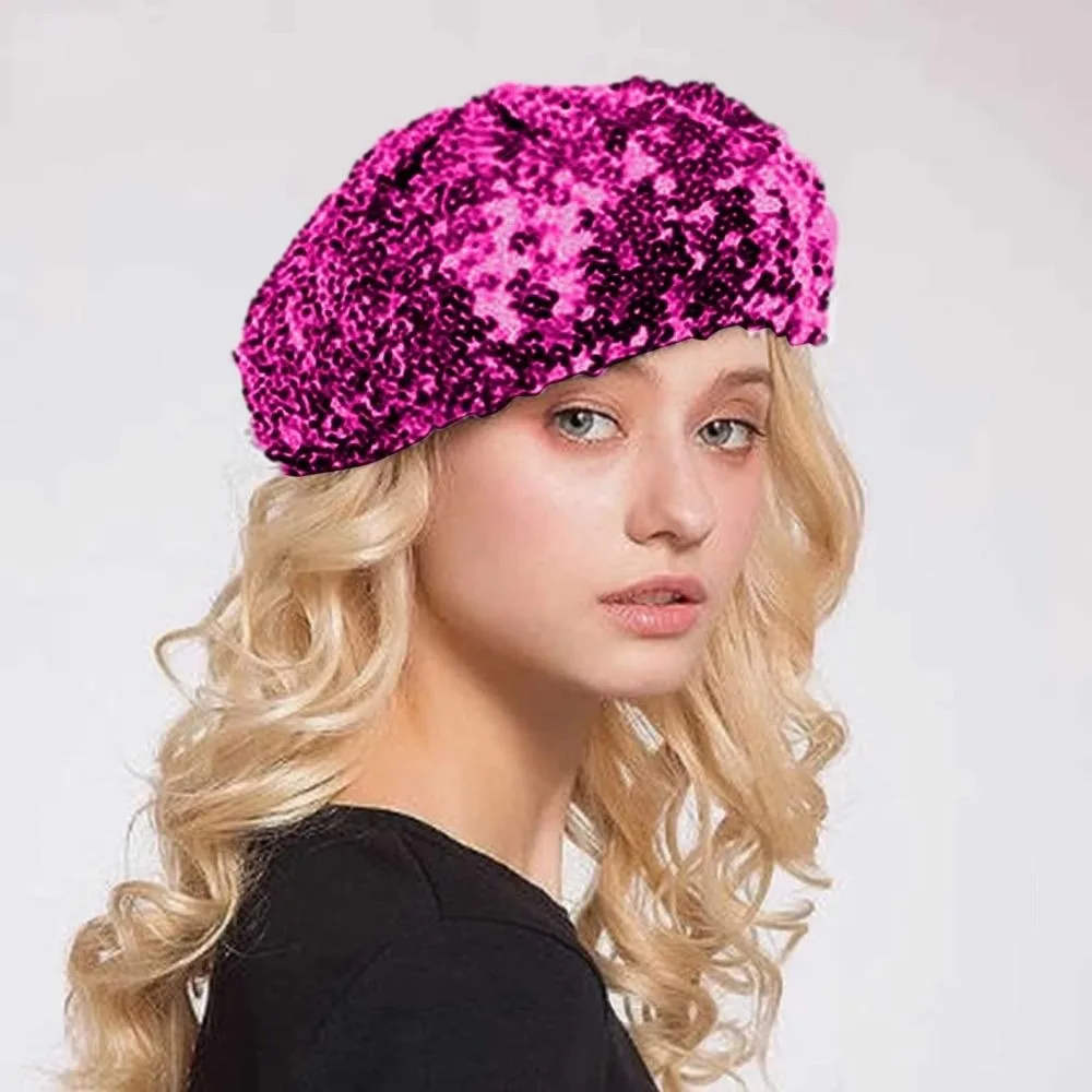 Fashion Chic Glitter Beanie Cap Solid Color Sparkling Women's Sequin Beret Retro Octagonal Shape Shiny Painter Hat Night Club