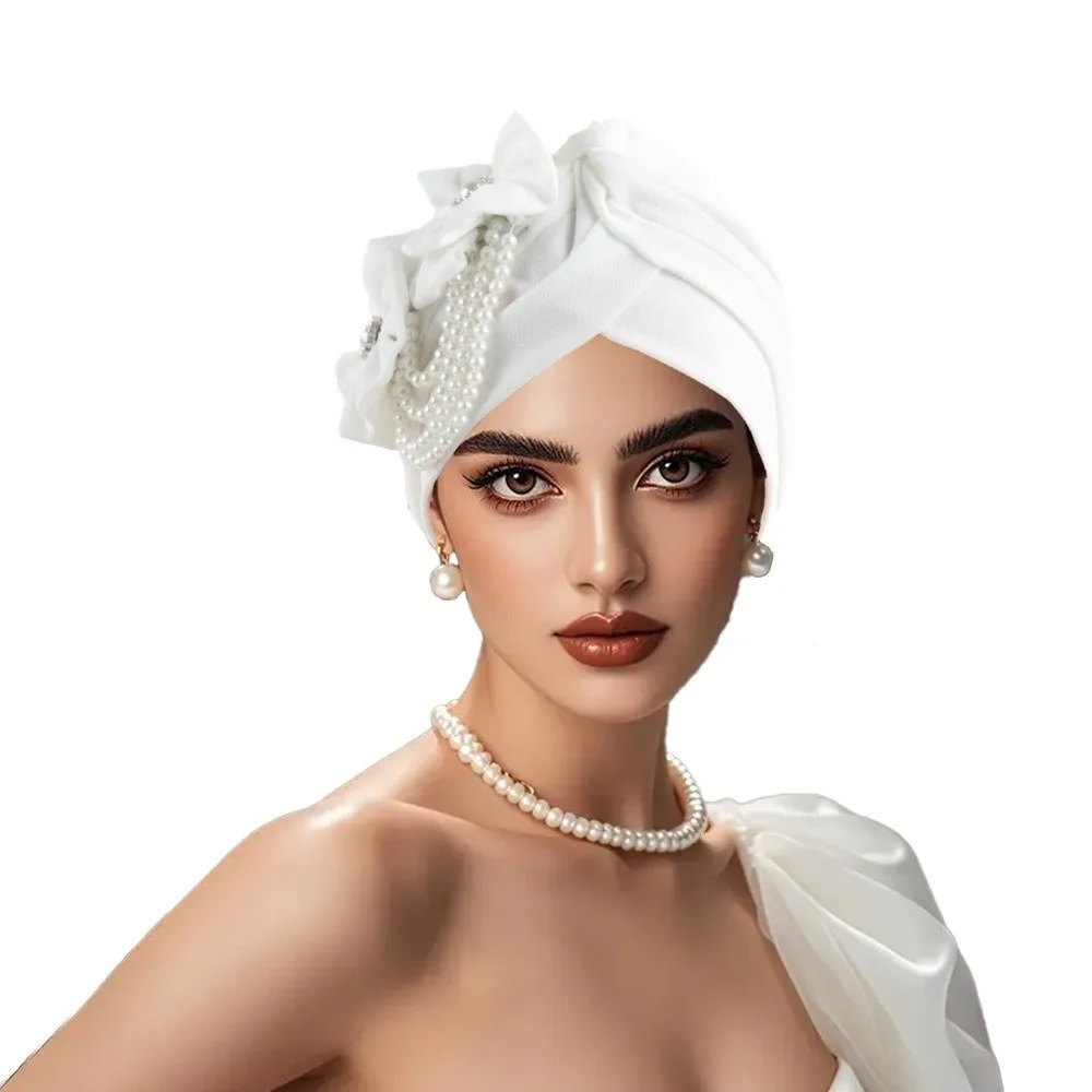 

Chemo Cap Breathable Head Wraps Elegant Pearls Beading Turban Cap Flower Design Cross Bonnets Female Use