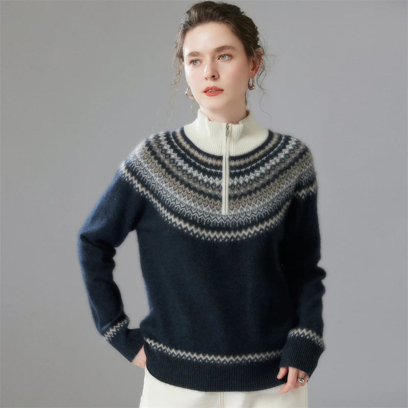 

35% кашемировый пуловер Fair Isle, женский утолщенный свитер с высоким воротником и половиной молнии, темно-серый