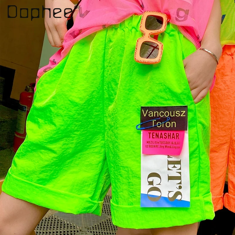 

Hipster Casual Sports Shorts Women 2024 Summer Color Fluorescent Badge Simple Fashion Brand and Loose Shorts Female Student