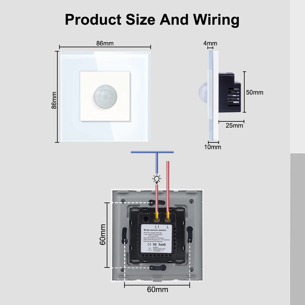 TAWOIA PIR Infrared Motion Body Sensor Switch Motion Sensor Glass Mechanical Wall Mounted Switches EU Standard LED Light Switch