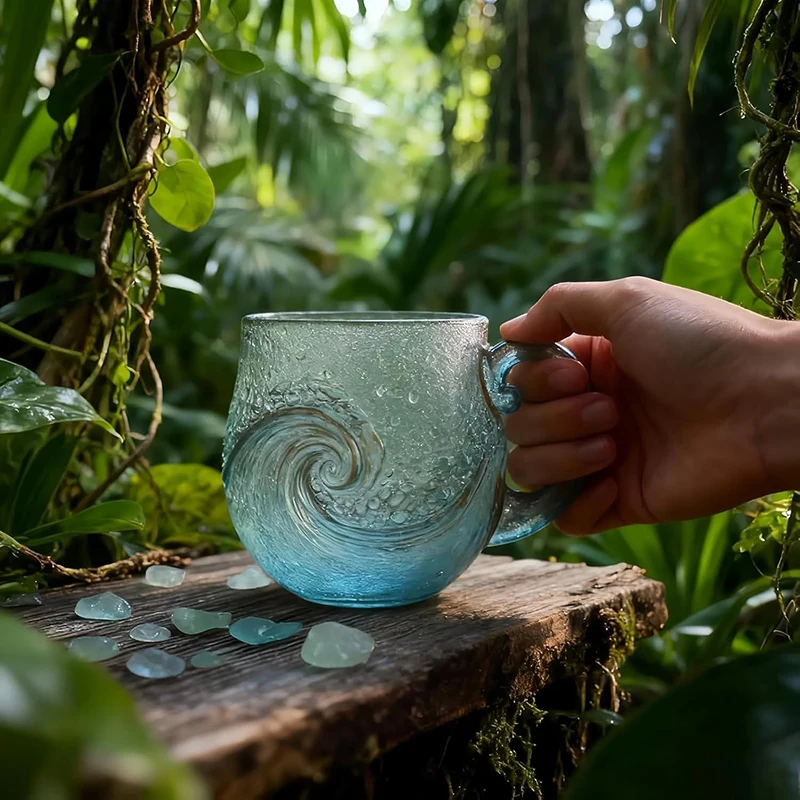 Sea Glass Wave Mug 12 Oz Handblown Ocean Wave Glass Mug Cup Unique Textured Beach Theme Mug For Tea Wine Handcrafted Sea Inspire