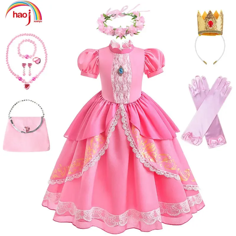 Vestido de princesa Peach para niña, traje de fiesta de cumpleaños, manga abullonada rosa, encaje largo, disfraz de Halloween, 2024