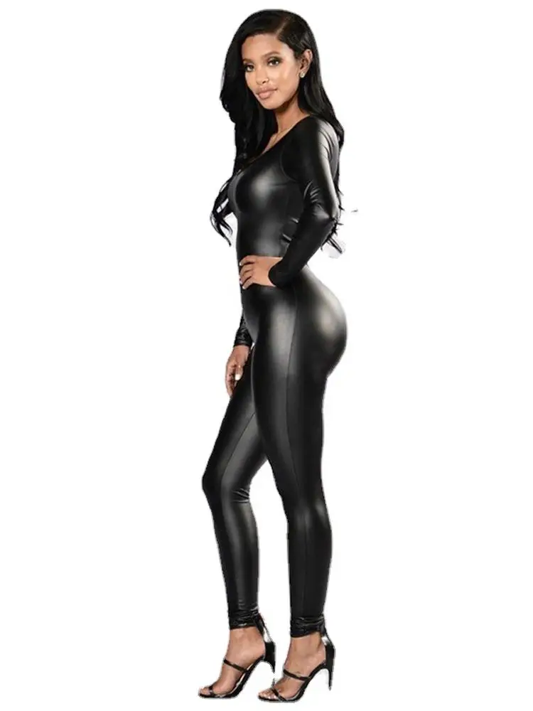 Elastic PU Leather Long Sleeve Catsuit Tights Cosplay Bodysuit Conjoined Leotard Sexy Clubwear Lingerie Unitard Teddies Jumpsuit