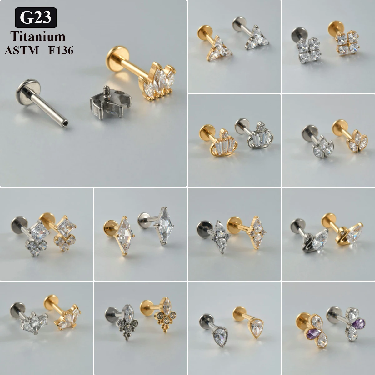 1PC ASTM F136 tytan CZ kolczyki na chrząstkę ucha Labret Stud 16G gwint wewnętrzny Helix kryształowy ucho Tragus Piercing biżuteria