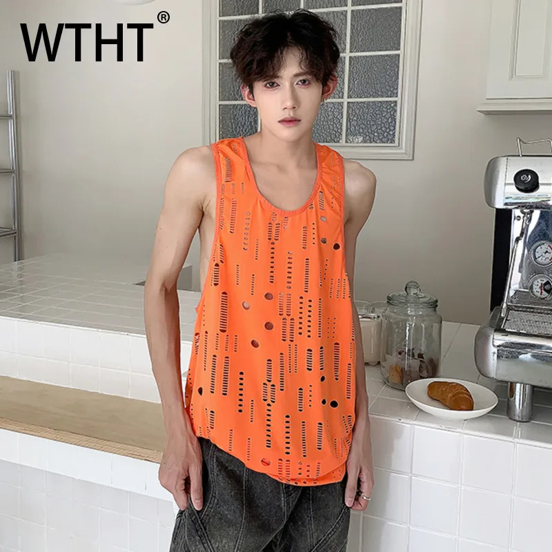 

WTHT Fashion Men‘s Solid Color Irregular Hole Design Camisole Trendy 2025 Summer Casual Loose Sleeveless Tank Tops Male 2A0609
