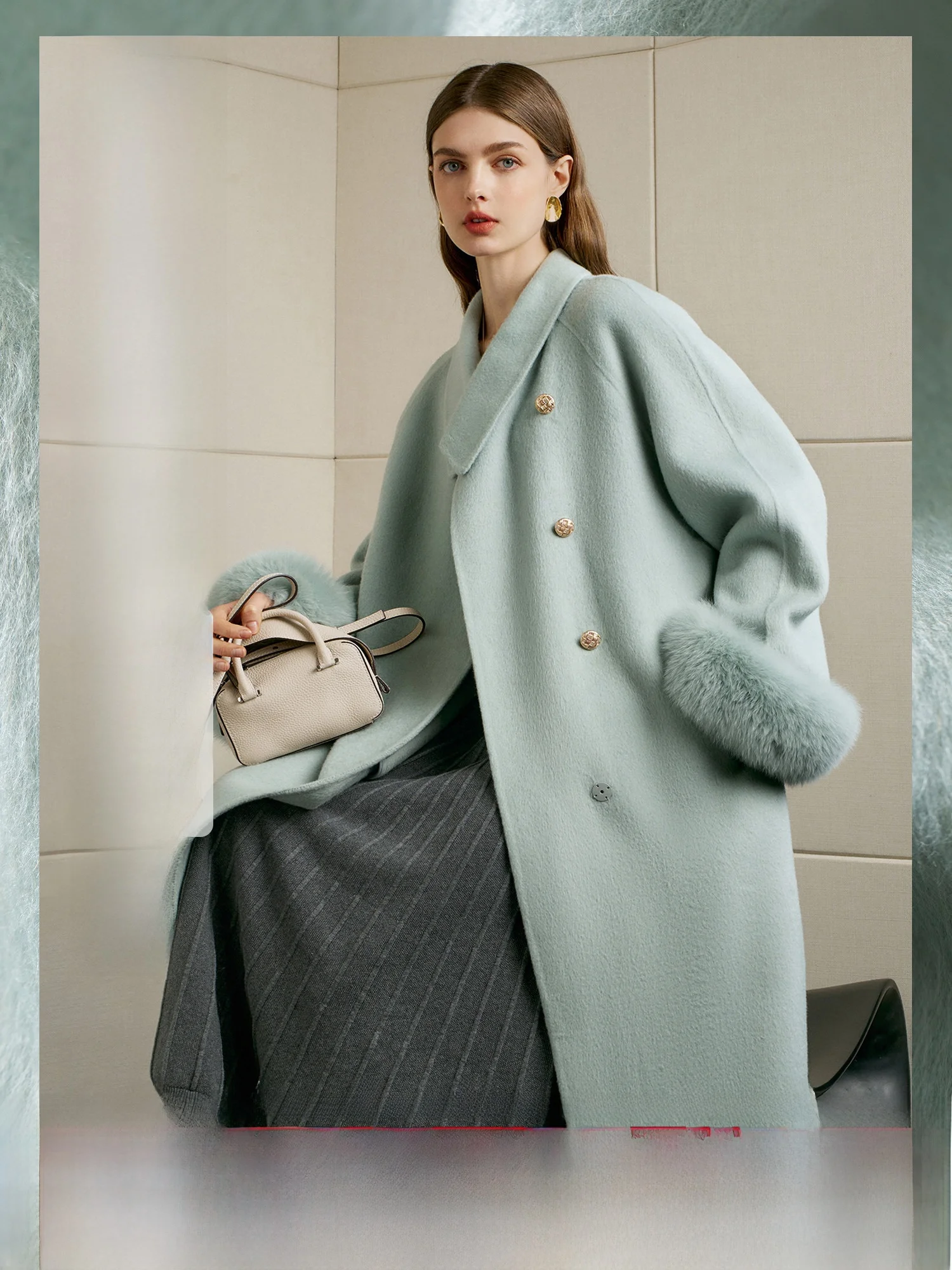 

NAGUAGU Корейское шерстяное пальто Pumpkin Valley с меховым воротником, длинными рукавами, удобное для поездок на работу, стандартный крой, эксклюзивно онлайн