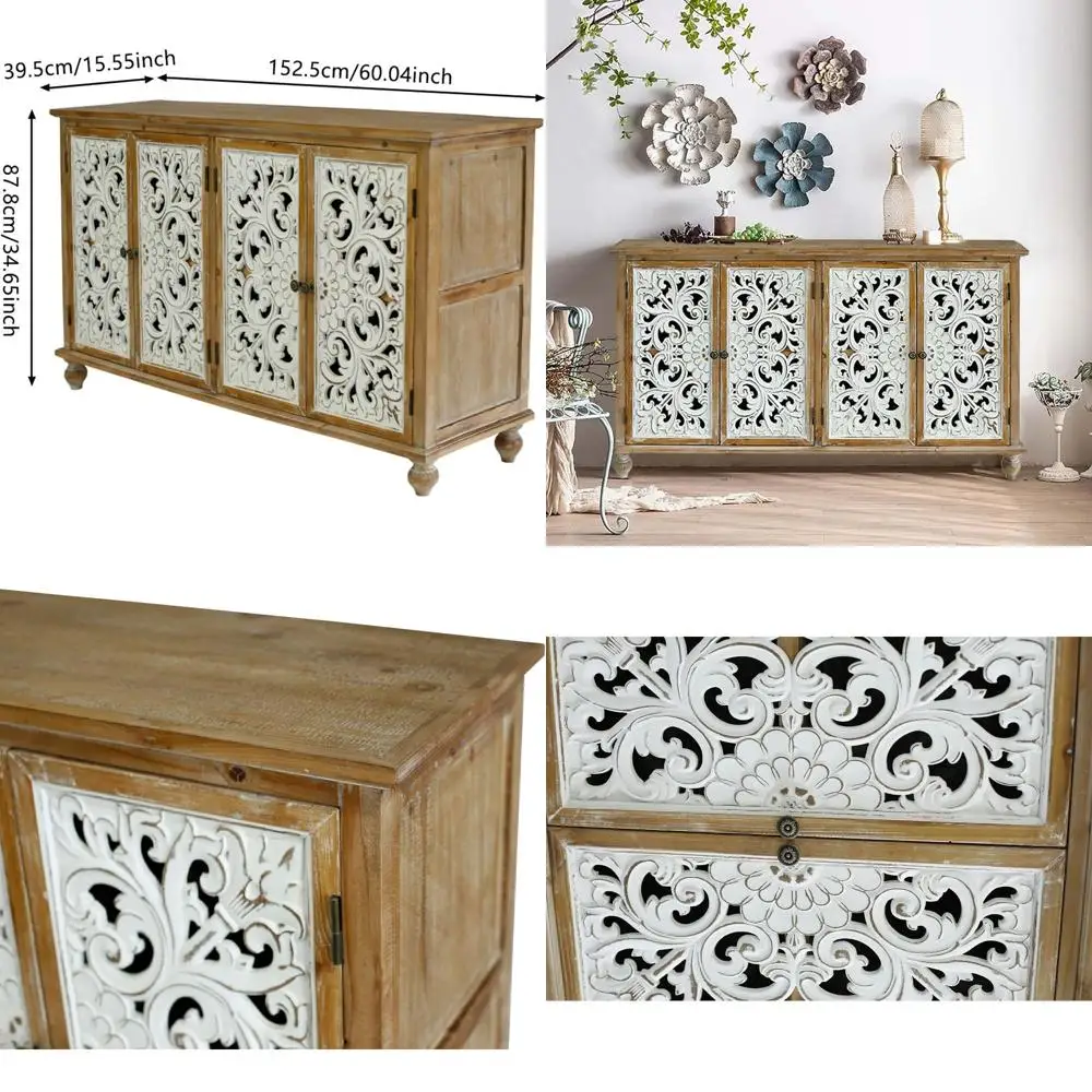 

Большой буфет-комод с местом для хранения, 60-дюймовый буфет с резными элементами, кофейный столик, винный шкаф с 4 дверцами, состаренный