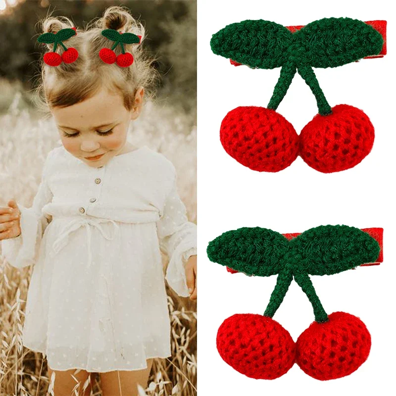 Oaoleer 2Pcs Red Cherry Hair Clip For Baby Girls Cute Knitted Hairpin Barrette Side Clip Child Headwear Fashion Hair Accessories