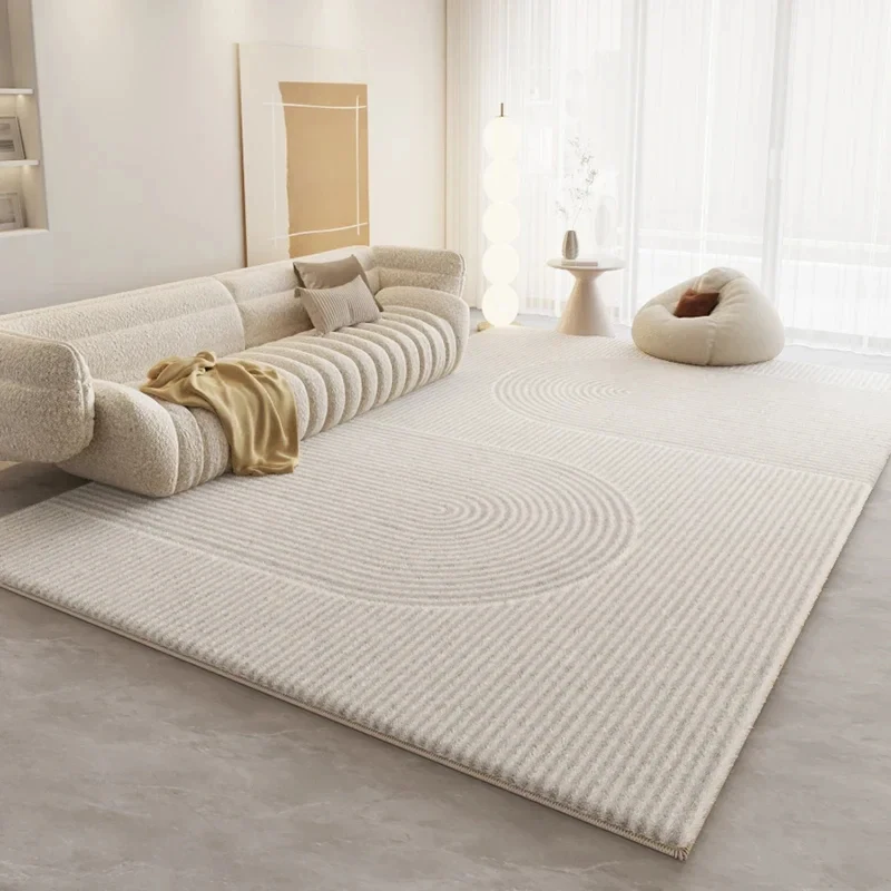 VIKAMA Minimalist White Area Rug with Concentric Lines Non-Slip Washable Carpet for Living Room, Bedroom, Japandi Home Decor