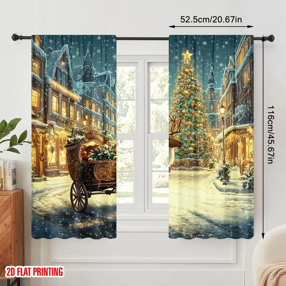 2pcs,2D plane printing Window Curtain Christmas horse drawn cart Versatile 100% Polyester (without rod) Festive Perfect for