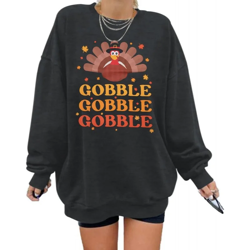 Thanksgiving women's sportswear casual new fashion loose long sleeved cute turkey pattern pullover interesting letter top black