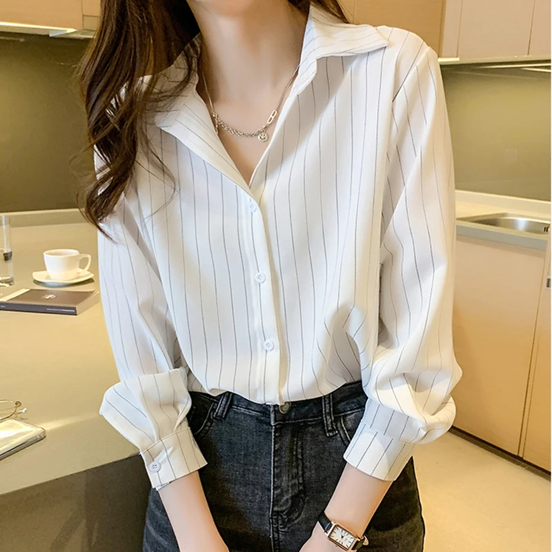

Women's Striped irt Spring Faion Collar Seven Sve Long Sve Korean Sle Loose Fit Button up Career Lady irt