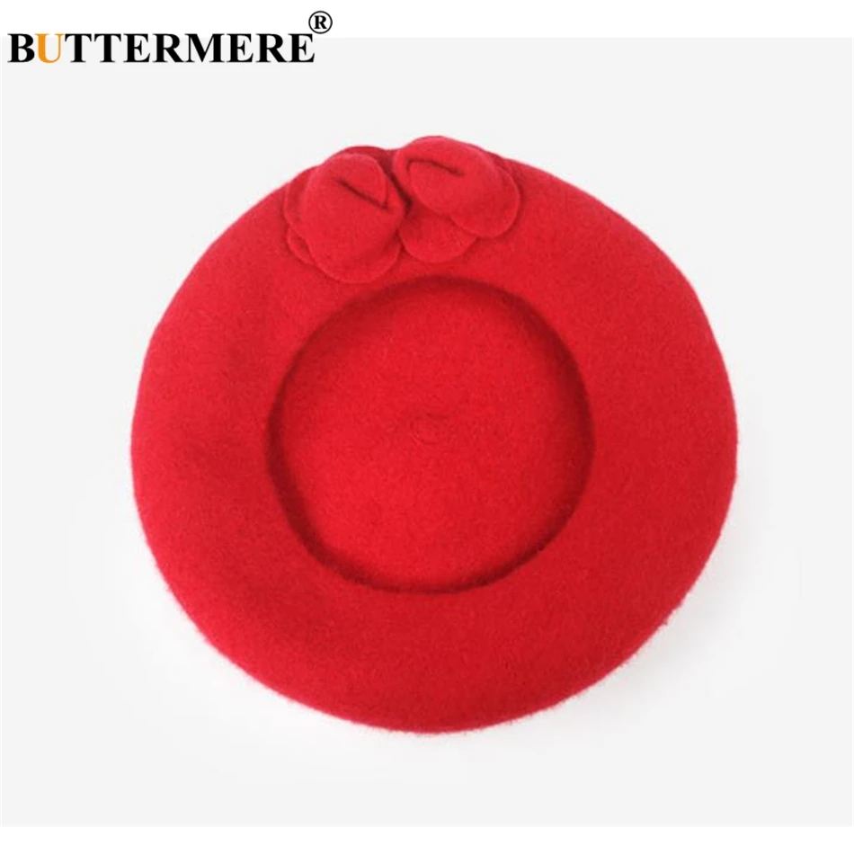BUTTERMERE Wool Beret French Beanie Winter Hats For Women Flower Red Flat Cap Lady Girl Berets Female Bone Tocas Painter Hat