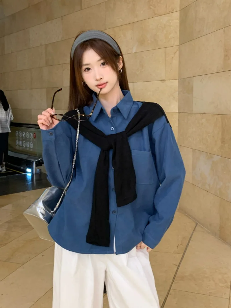 

Casual Long Sve awl Collar irt Korean Design Loose Fit Spring 2026 Women's Faion Hong Kong Sle Fake Two-Piece Top