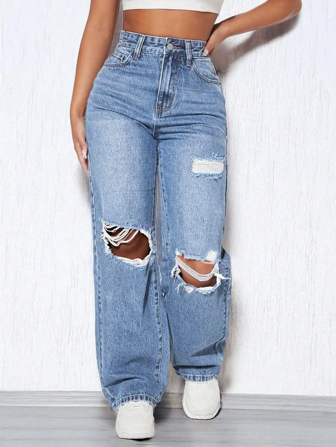 

Женские джинсы с высокой талией, широкими штанинами и рваными элементами, повседневные джинсовые брюки в уличном стиле с эффектом потертости