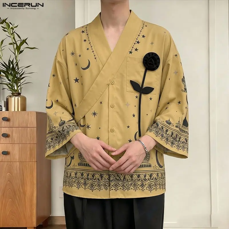 Men's Shirt Printing Flower Patchwork V Neck Long Sleeve Men Clothes INCERUN Streetwear Oversize Harajuku Casual Tops For Man