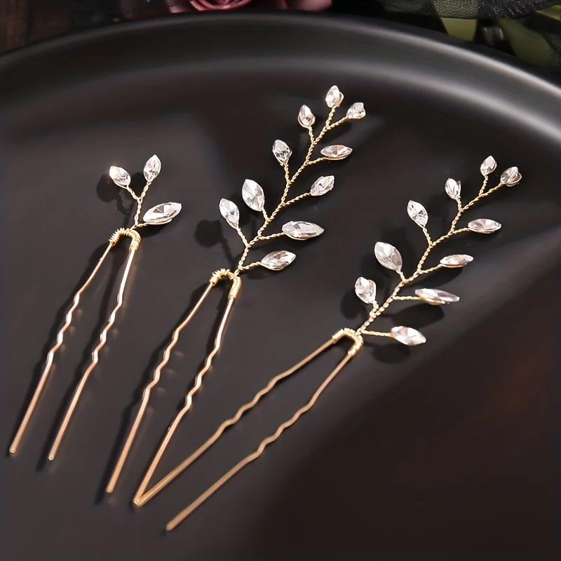 3pcs Gold Color Crystal Hairpin Set Rhinestone Hair Pin Clip Bridal Wedding Hair Accessories Jewelry Pin Clip