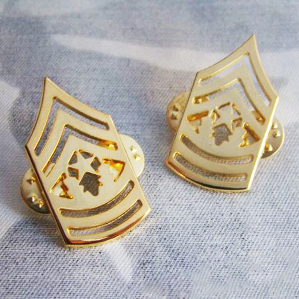 

PAIR US ARMY BADGE MASTER SERGEANT MAJOR INSIGNIA RANK METAL PIN BROOCH GOLD