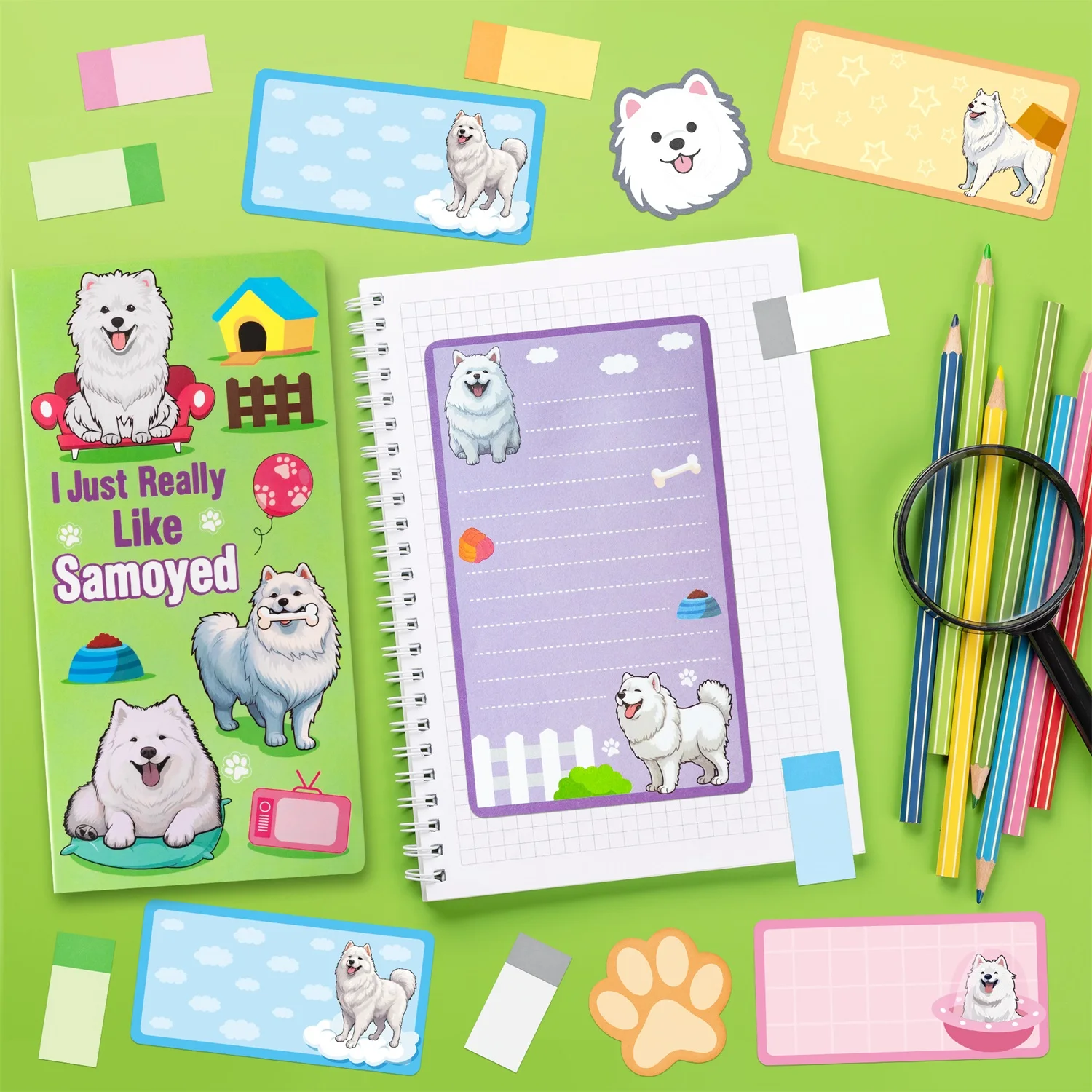 Samoyed Sticky Notes Set Cute Samoyed Self-Stick Notes Pads Animal Divider Tabs Bundle Writing Page Marker Office Supplies Gift