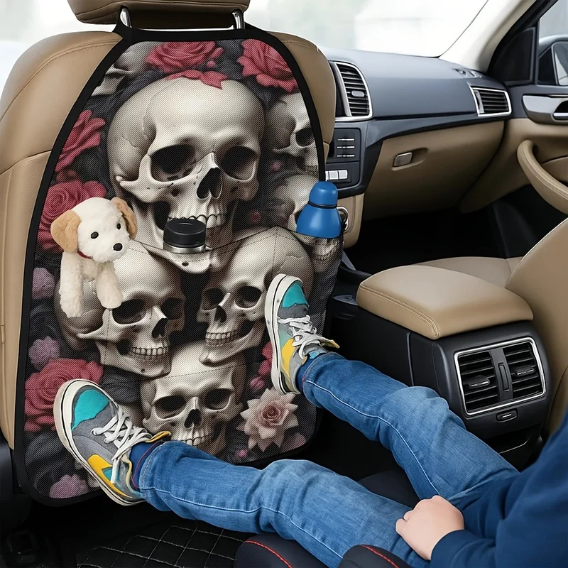 Car Seat Back Covers With Storage Pockets, Gothic Skull Rose Print, Gothic Style Car Interior Protectors