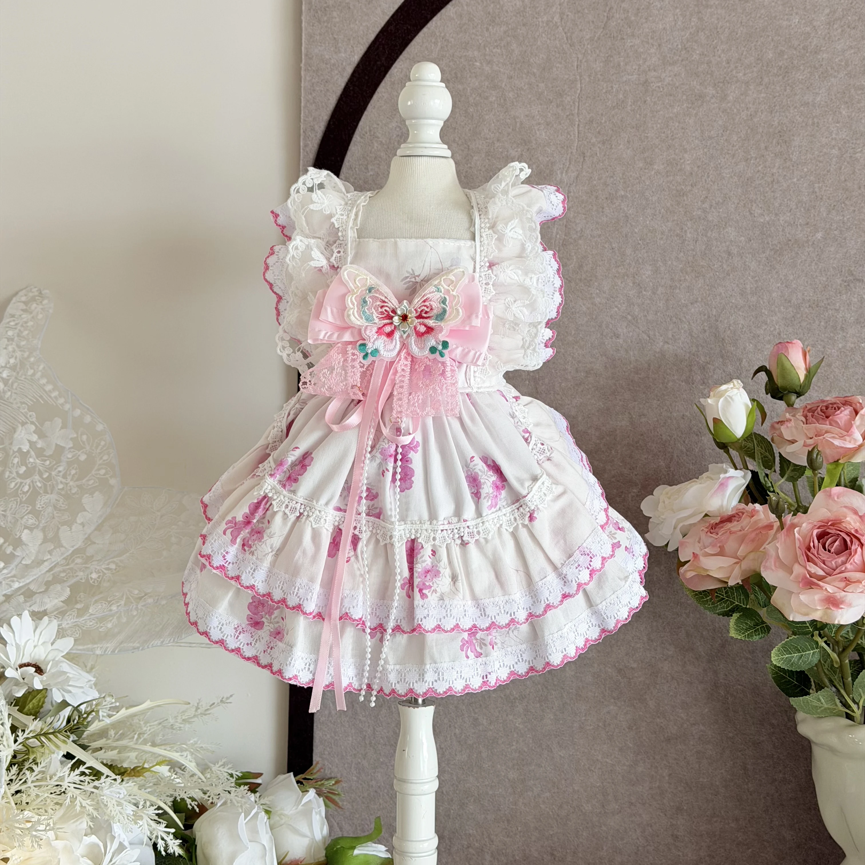 

Handmade Thin Cotton Puppy Dog Cats Clothing Flower Print Butterfly Bow Sling Princess Dress for Small Medium Dog Pet Clothes