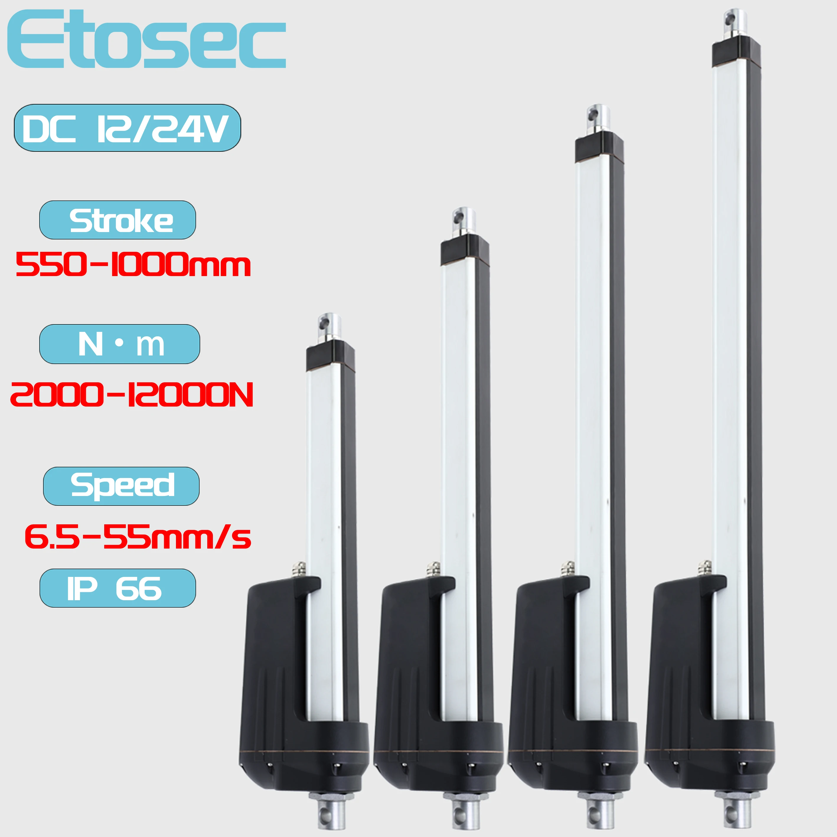 Etosec 12V 24V 12000N IP66 Attuatore lineare 550mm 600mm 700mm 800mm 900mm 1000mm Corsa Solar Tracker Motorizzazione della porta 55 mm/s