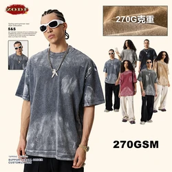 ZODF Vintage Summer Men Washed 270gsm Cotton T-shirt Unisex High Street Oversized Distressed T Shirts Tee Streetwears HY0991
