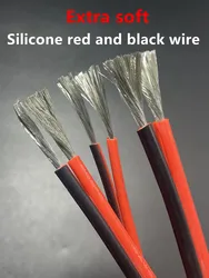 Copper Wire Silicone Rubber Cable Soft 30 28 26 24 22 20 18 16 14 12 10 8 AWG 2Pins Flexible DIY LED Connector Black Red 2/5/10M